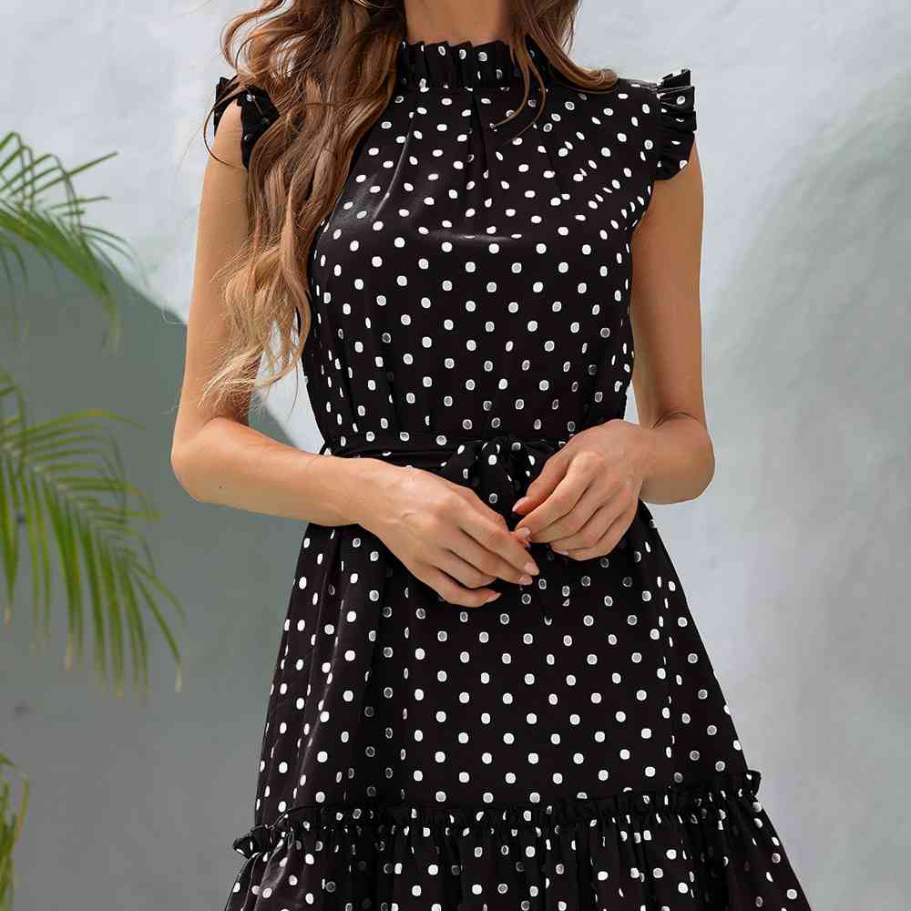 Polka Dot Mock Neck Frill Trim Mini Dress