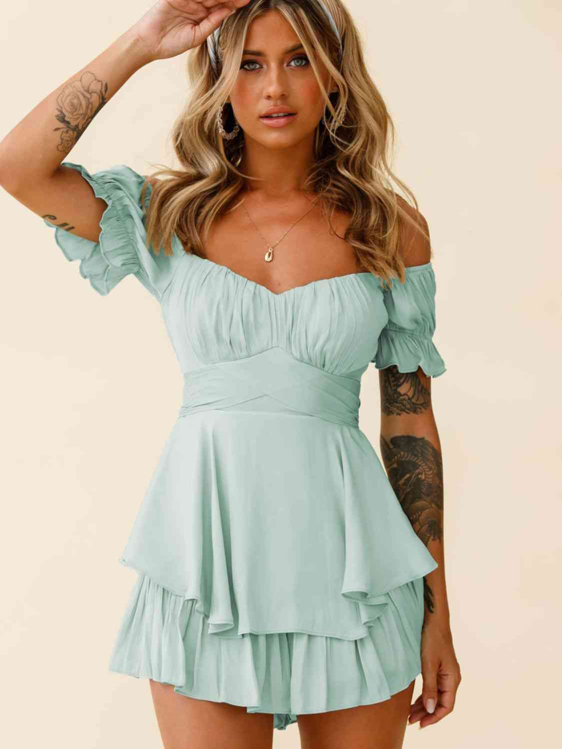 Off Shoulder Flounce Sleeve Romper