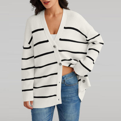 Striped V-Neck Long Sleeve Cardigan