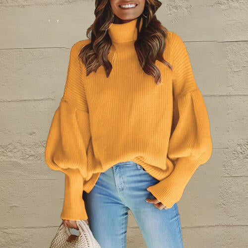 Turtleneck Lantern Sleeve Dropped Shoulder Sweater