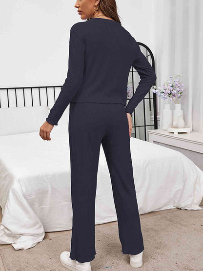 Round Neck Long Sleeve Top and Drawstring Pants Lounge Set