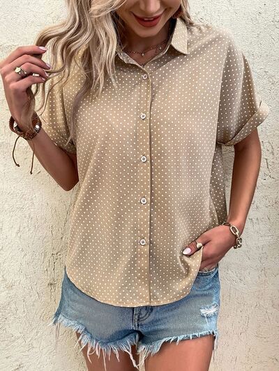 Polka Dot Button Up Short Sleeve Blouse