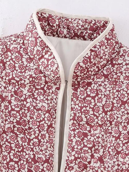 Floral Open Front Puffer Jacket with Pockets