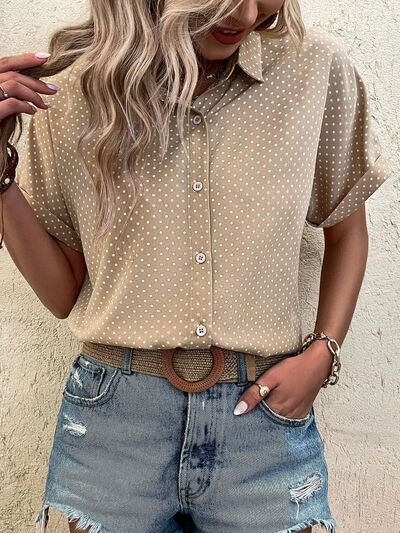 Polka Dot Button Up Short Sleeve Blouse