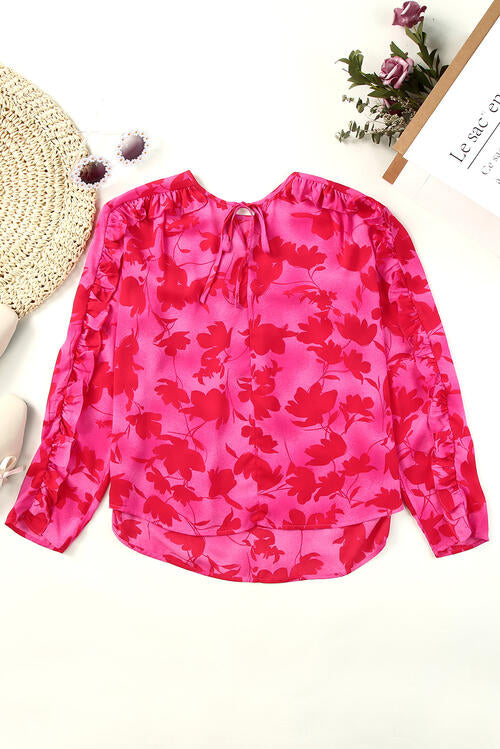 Floral Tie Neck Ruffle Trim Blouse