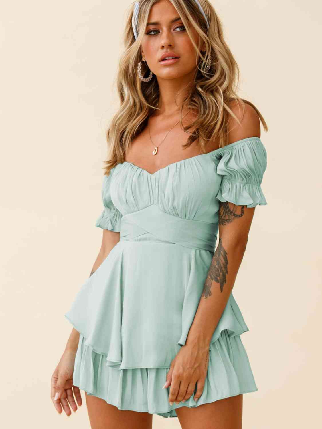 Off Shoulder Flounce Sleeve Romper