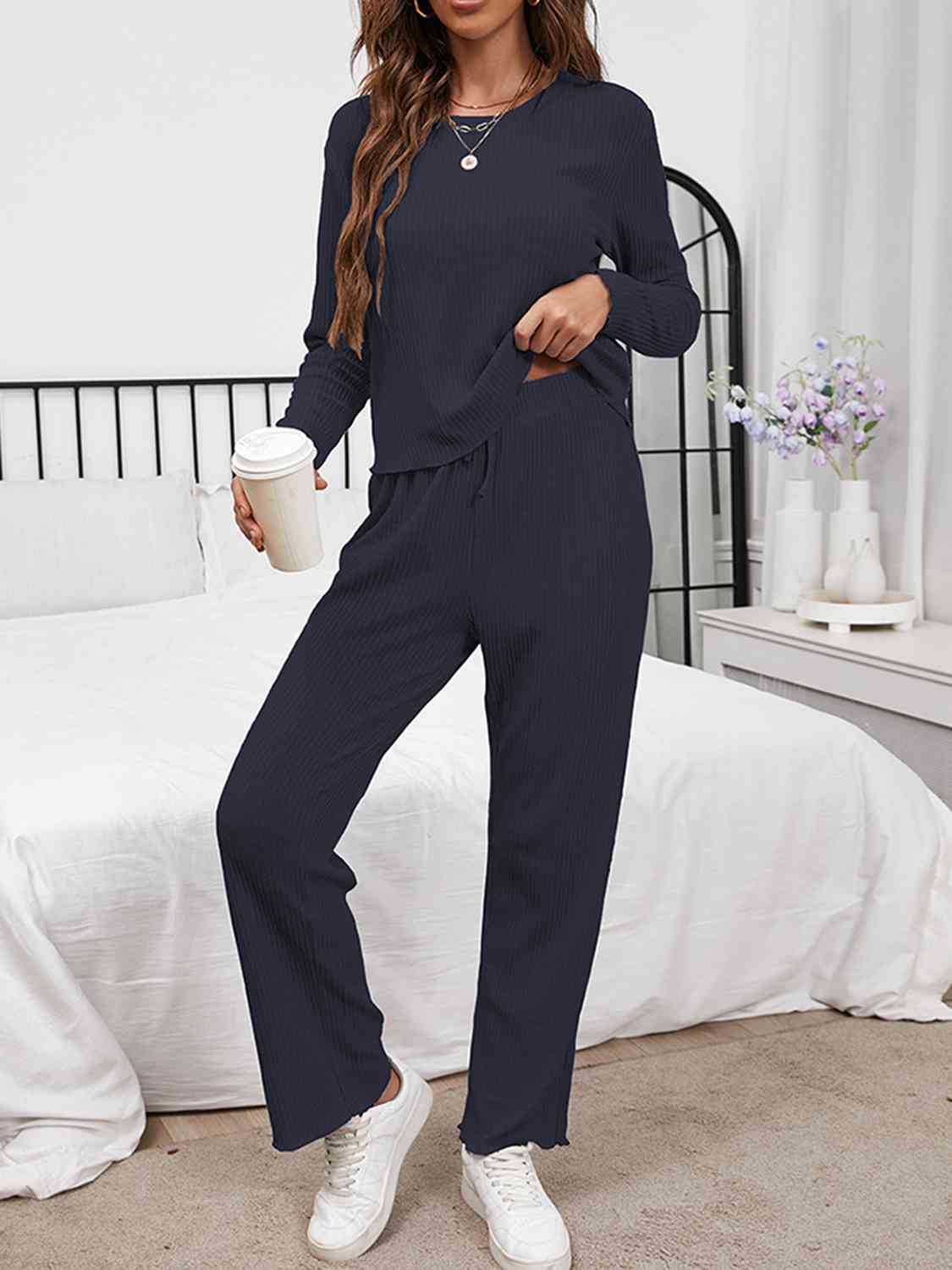 Round Neck Long Sleeve Top and Drawstring Pants Lounge Set