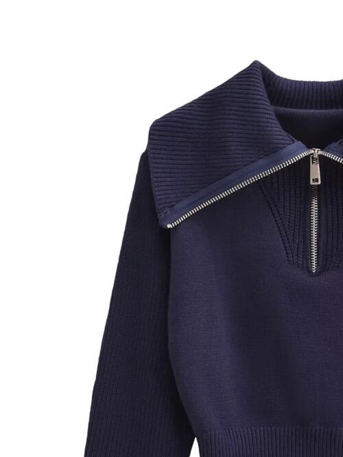 Half Zip Ribbed Collared Neck Knit Top