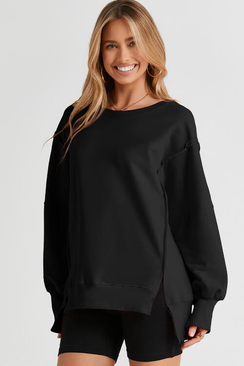 Exposed Seam Long Sleeve Slit Sweatshirt