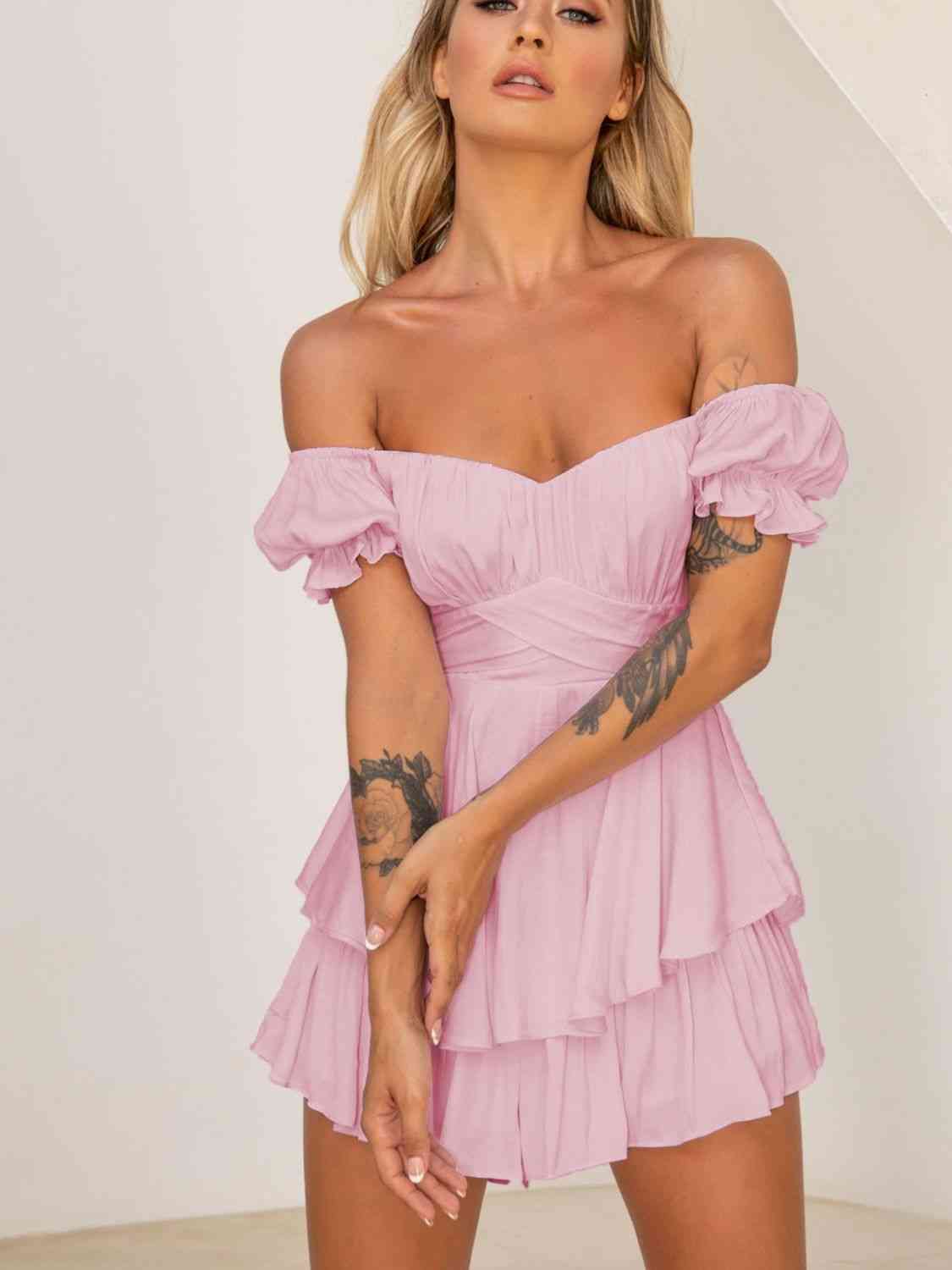 Off Shoulder Flounce Sleeve Romper