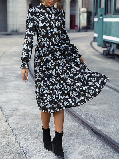 Floral Mock Neck Flounce Sleeve Dress