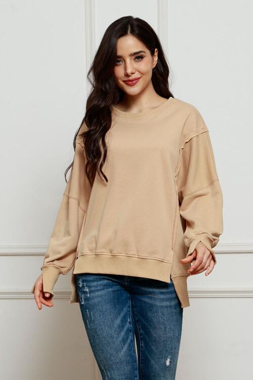 Exposed Seam Long Sleeve Slit Sweatshirt