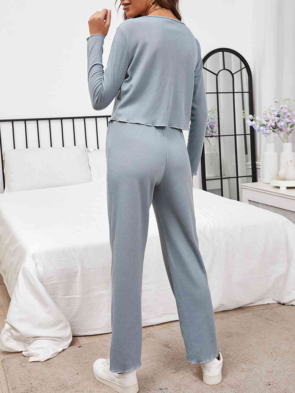 Button Front Long Sleeve Top and Pants Lounge Set