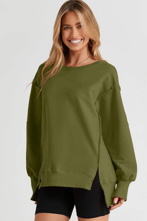 Exposed Seam Long Sleeve Slit Sweatshirt