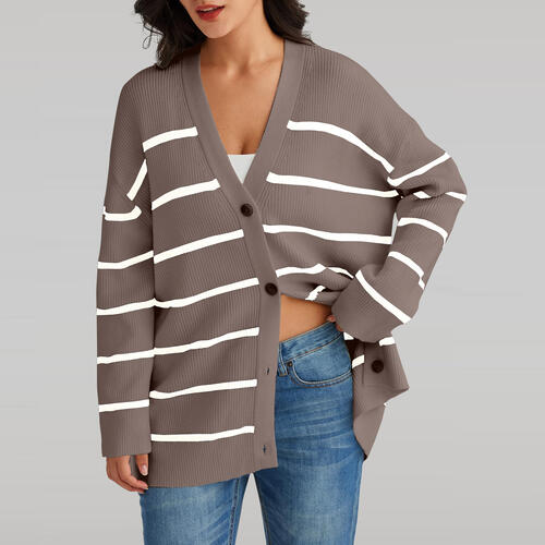 Striped V-Neck Long Sleeve Cardigan