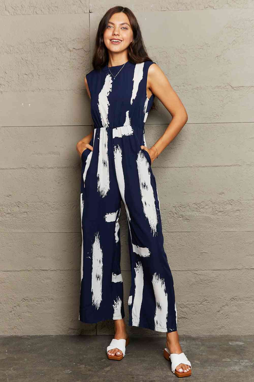 Printed Round Neck Cutout Jumpsuit with Pockets