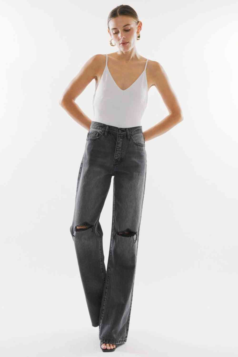 Kancan High Waist Distressed Knee Jeans